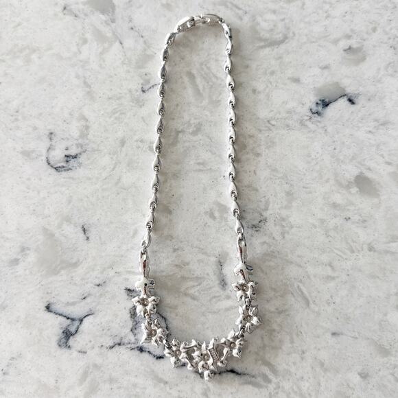 Bug Off Rhinestone Necklace Silver Tone Floral Cluster Sparkle Formal - Picture 2 of 10